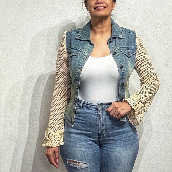 Cama Sol Denim Crochet Sleeve Vintage Jacket Sz S - Picture 1 of 11